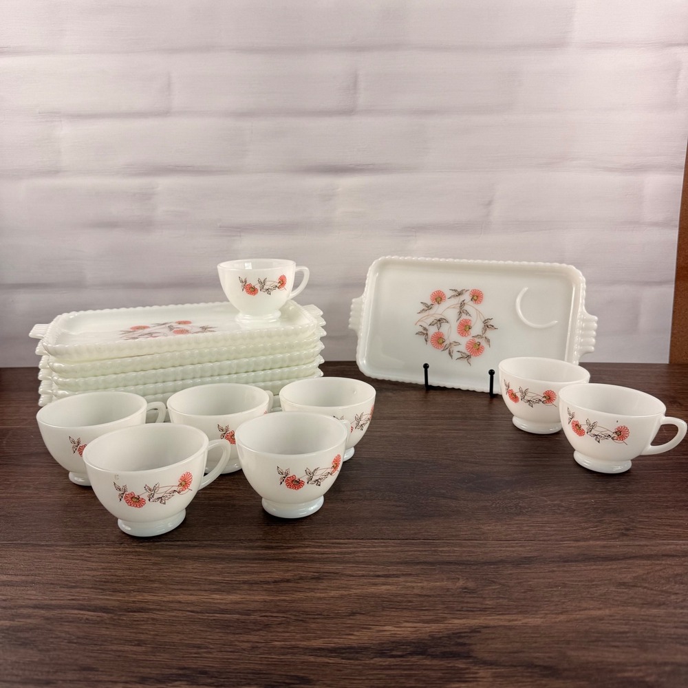 Fire-King Fleurette Milk Glass Snack Set 8 Trays Cups Pink Floral - Picture 10 of 11